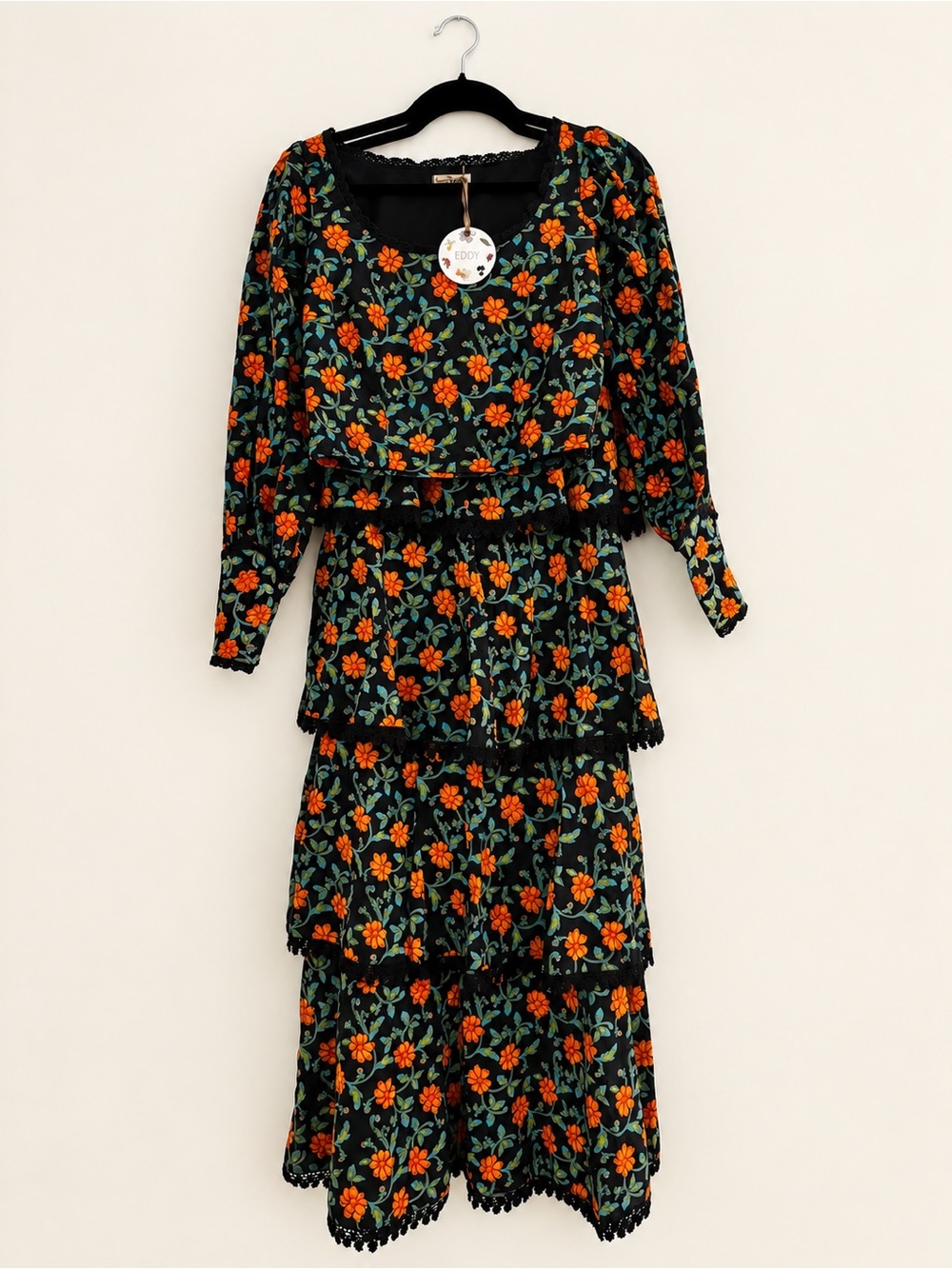EDDY Floral Maxi Skirt Set Black Orange Puff Sleeve Top Lace Trim XXS